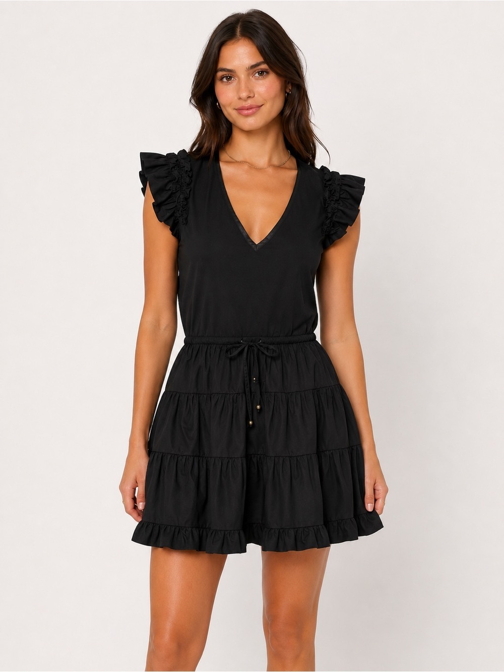 Sundays Anthropologie Heller Black Ruffle Sleeve Tiered Mini Dress